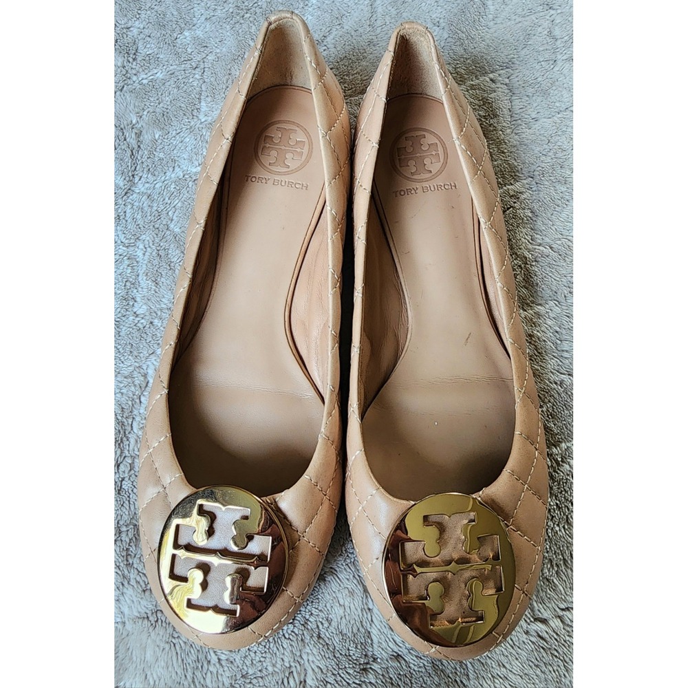 Tory Burch Quilted Leather Ballet Flat Shoes Gold Metal Logo Womens 9